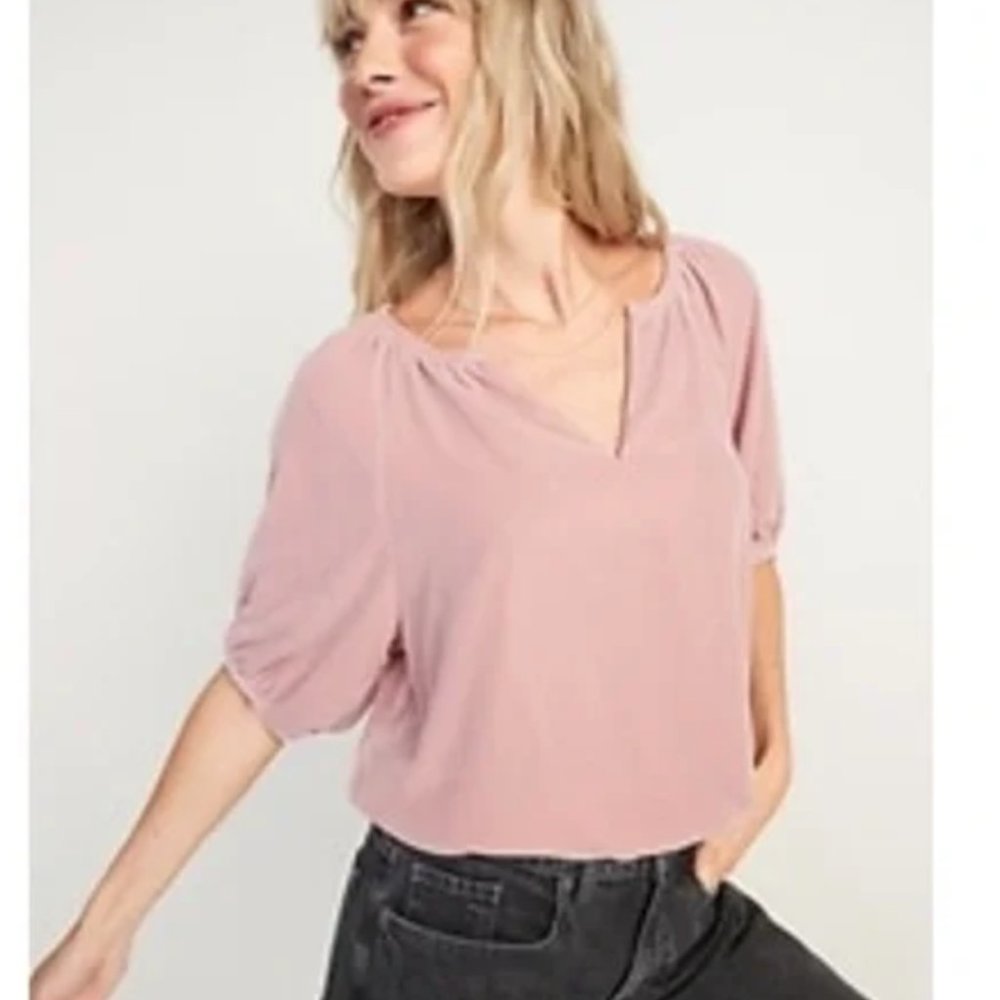 NWT Old Navy Pink Blush Elbow Sleeve Split Neck Velvet Blouse - Large